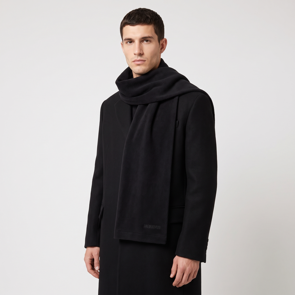 L'écharpe Jacquemus Neve Black – porté – trois-quarts