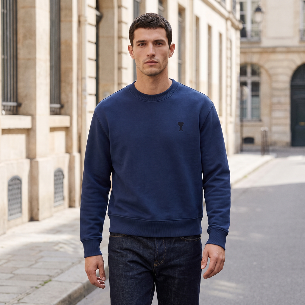 Sweatshirt Bleu Marine Ami de Coeur Noir en Coton – porté – ambiance