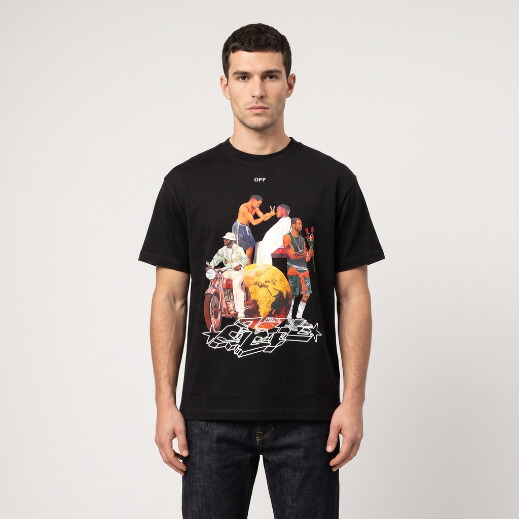 T-shirt Off-White Goldworld Oversize Black – porté – trois-quarts