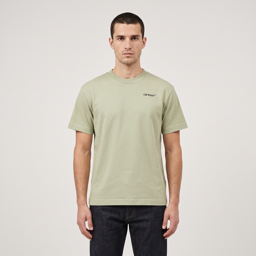 T-shirt Off-White Light Green Logo Black – porté – face