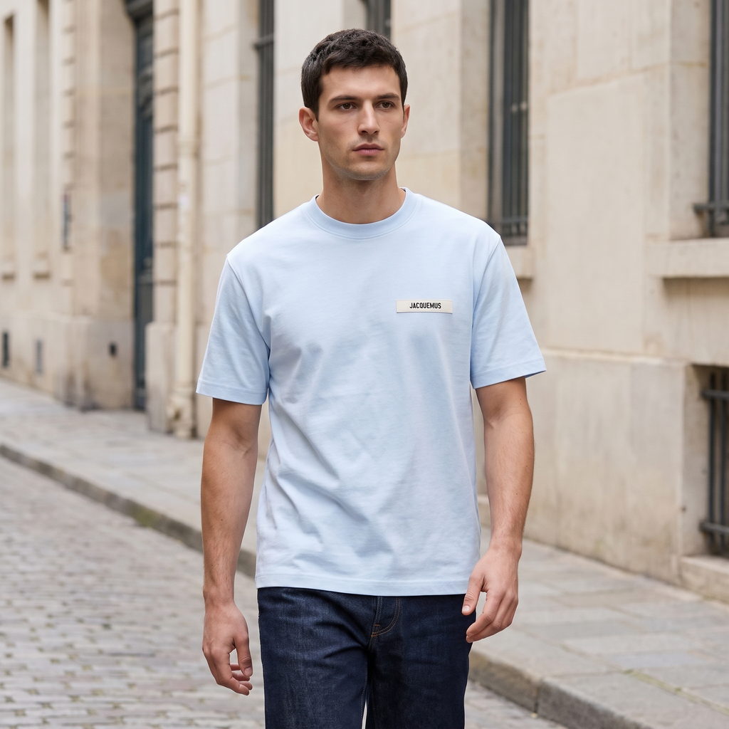 Le t-shirt Gros Grain Jacquemus Light Blue – porté – ambiance